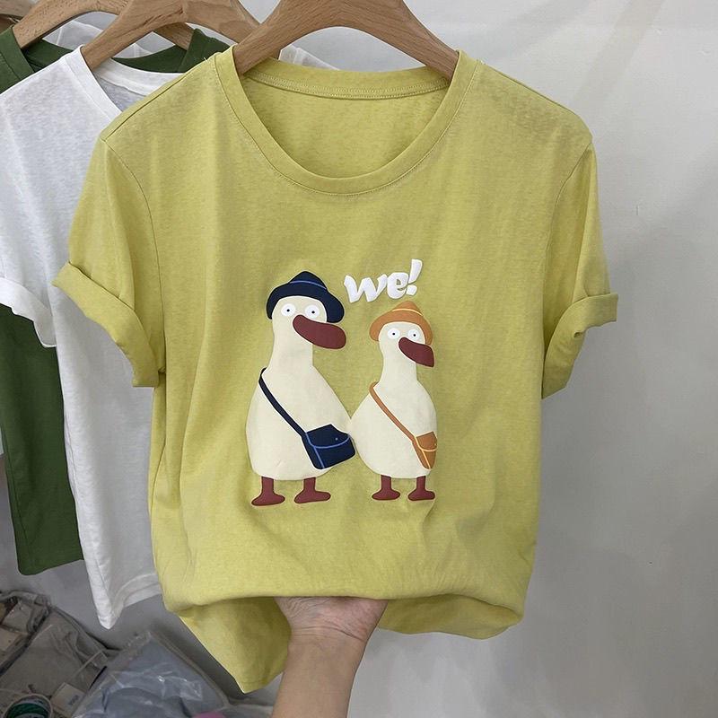 Sommer Koreanischer Stil Entenprint Rundhals Lockerer Schnitt Damen T-Shirt