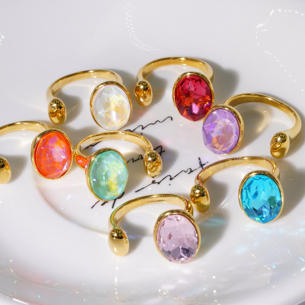 Oval Inlaid Colored Diamond Titanium Steel Open Ring, Personalized Versatile Light Luxury Jewelry Gift