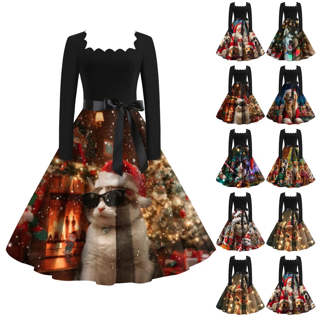 Women's Fashion Retro Long-sleeved Square Collar Christmas Printed Evening Dress