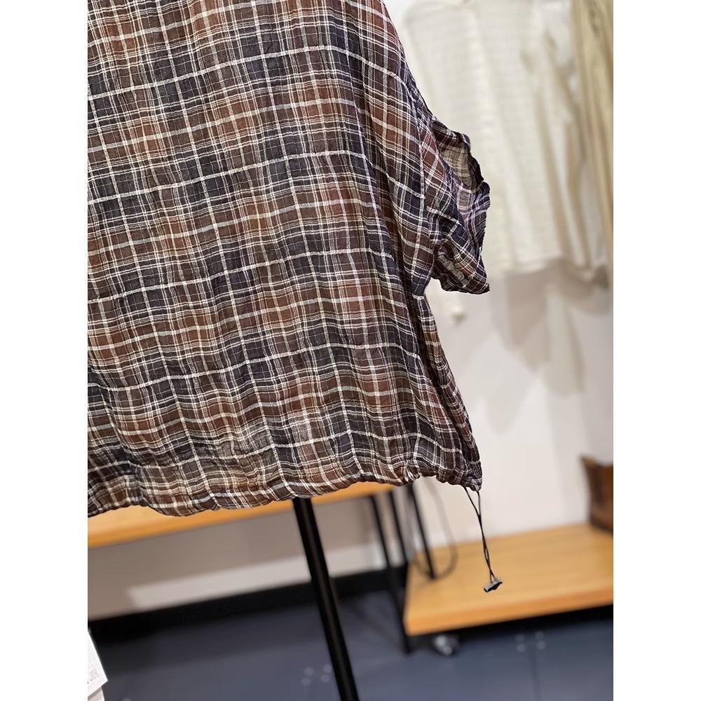 Dimanaf 2025 Summer Linen T-shirt Women Spliced Plaid Printing Short Sleeve Loose Red T-shirt