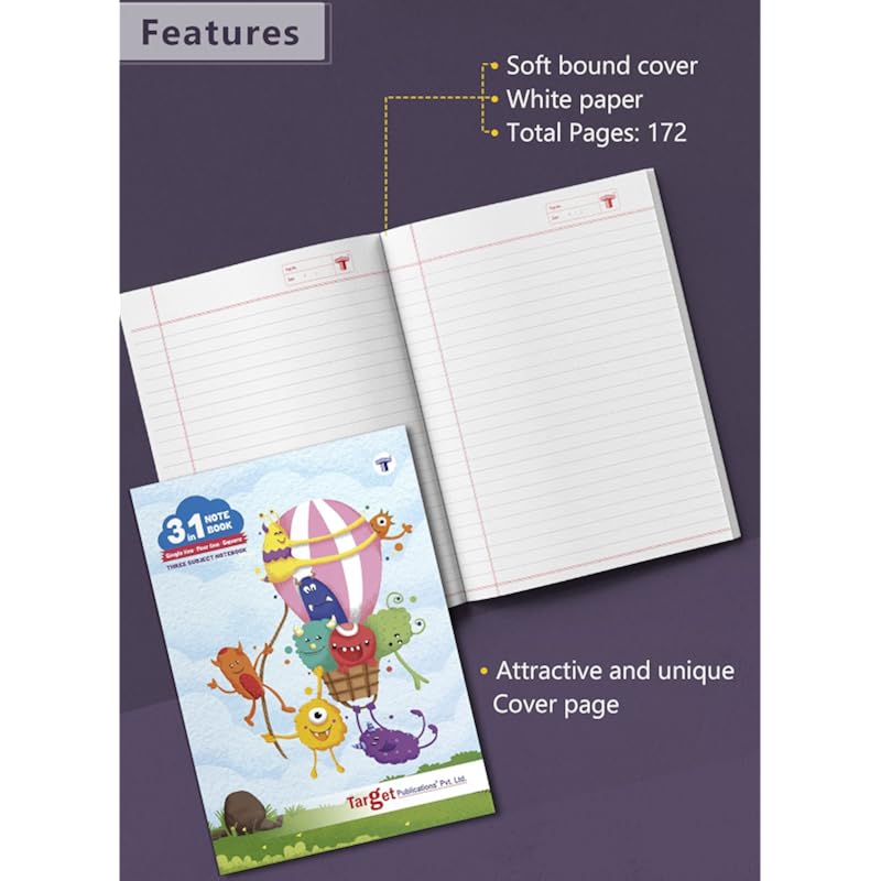Target Publications 3 In 1 Notebook | Single Line Notebook, Four Line Notebook, Maths Square 9 Mm | Soft Bound Notebook
