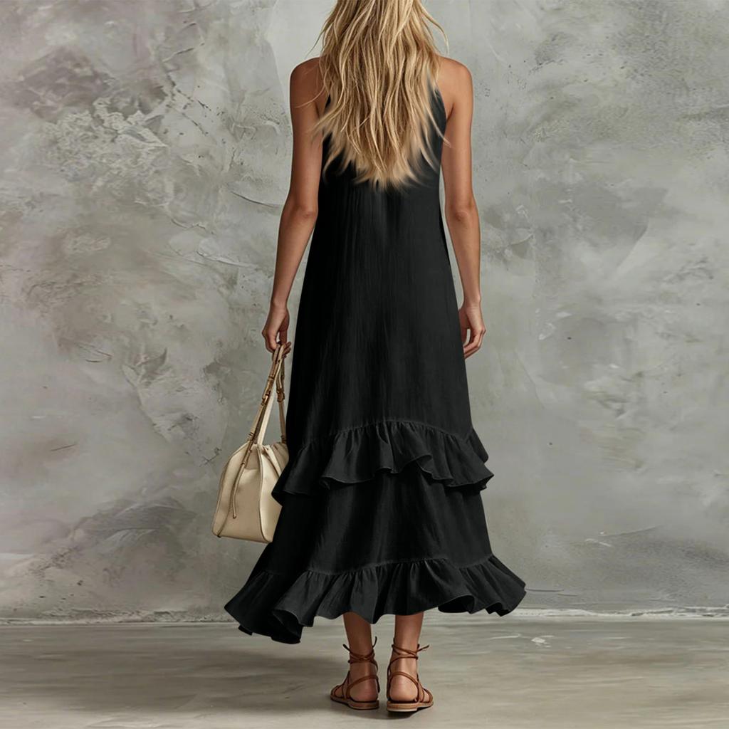 Women's Summer Retro Elegant Casual Round Neck Sleeveless Ruffled Midi Beach Dress