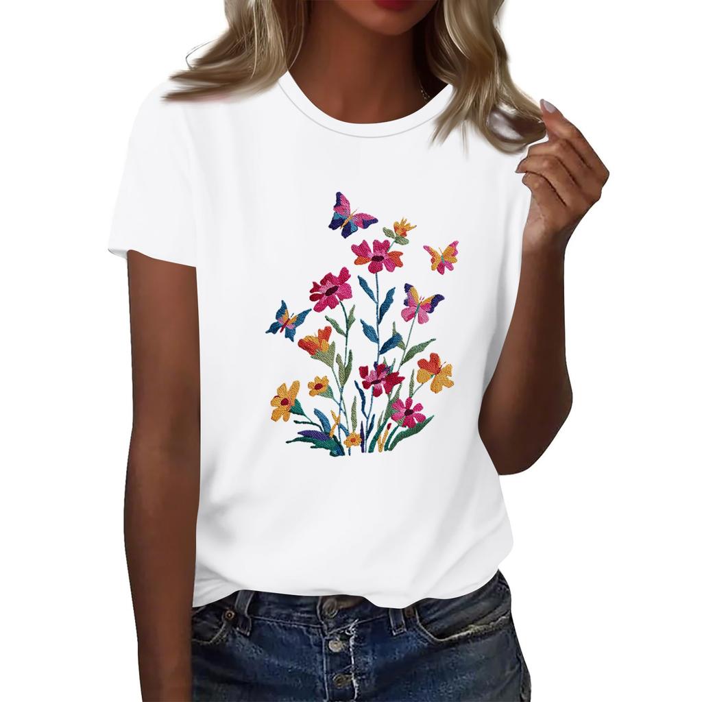 Women's Fashion Casual Printed Round Neck Short Sleeved T-Shirt Top T-Shirt Top Top