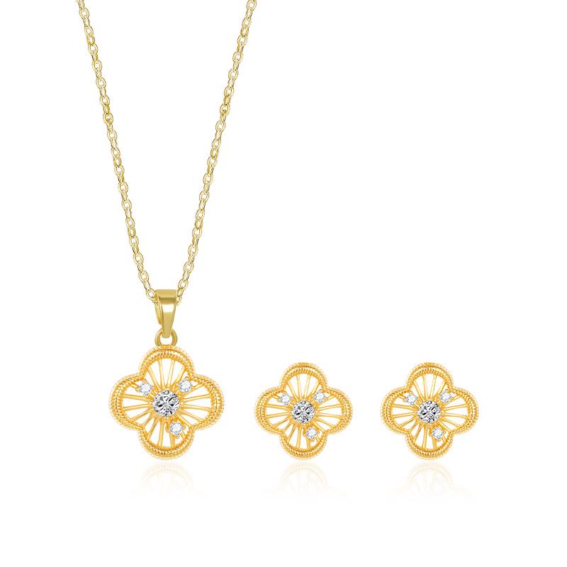 Four-Leaf Clover Copper Alloy Stud Earrings & Necklace Set - Women’s 2025 Simple Luxury Design
