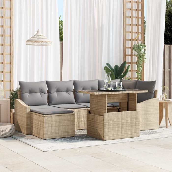 VidaXL Ensemble de Canapés de Jardin 7 Pièces avec Coussins Beige Poly Rattan 3349036