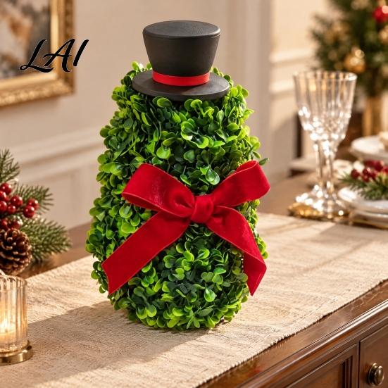 Artificial Snowman Topiary Tree with Red Bow & Santa Hat for Indoor Outdoor Christmas Porch Decorations Holiday Decoration Realistic Plastic Potted