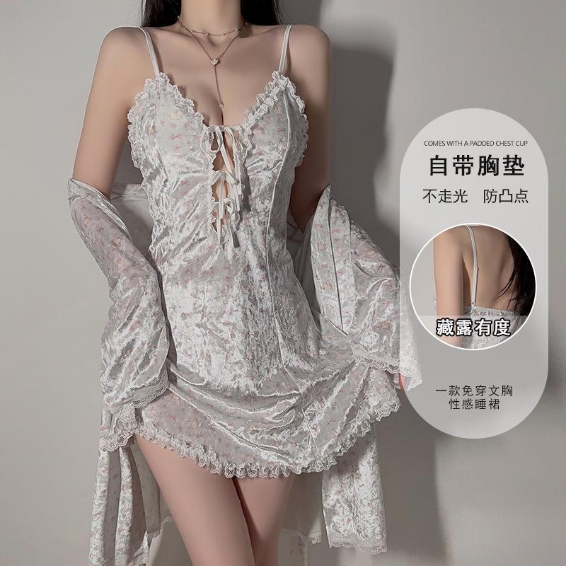 Women's Velvet Print Cutout Tie Padded Sleep Dress with Robe Lounge Set