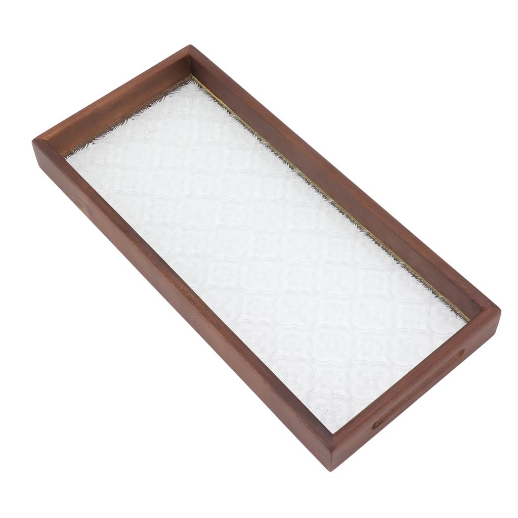 Rectangle Tea Serving Tray Walnut Glass Robust Wooden Glass Tea Tray for Cake Bread Breakfast Snack