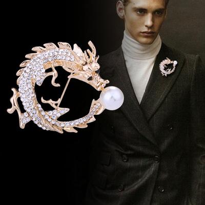 Fashion Full Of Rhinestone Chinese Dragon Brooch Pearl Animal Lapel Pin Badge Men Medal Clothing Accessories Gifts For Men