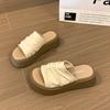 Fashion 2025 New Thick-Soled Height-Increasing Wrinkled Leather One-Line Flip-Flops for Women Soft Leather Bottom Cool Slippers