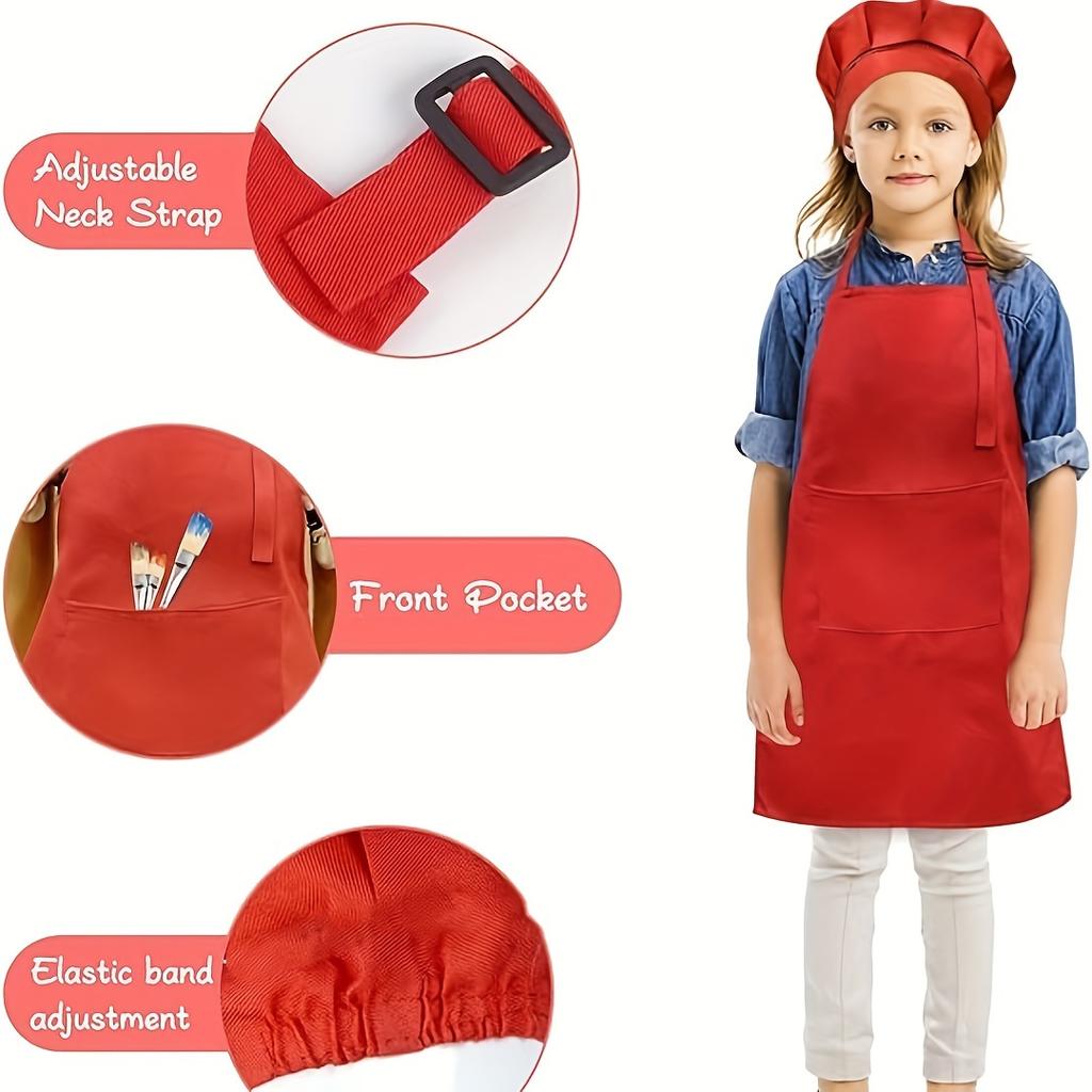 Kids Chef Hat and Apron Set Adjustable Neck Strap Elastic Band Front Pocket Durable Polyester Ideal for Cooking Baking Painting