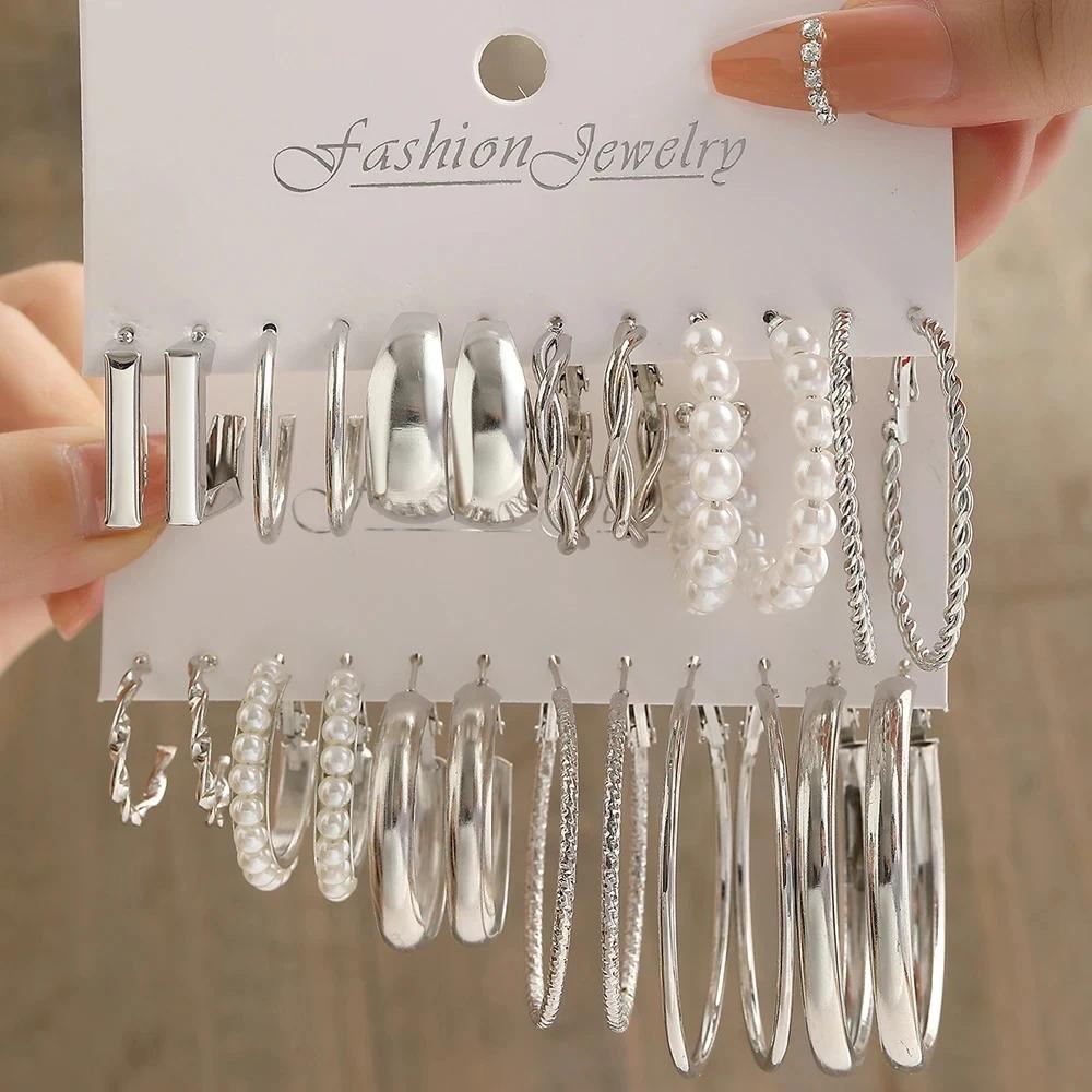 10 Piece Set European American Metal Earrings Round Ring Earrings Exquisite Temperament Earrings Fashionable Earring Set