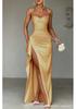 Europäisches und amerikanisches Sommer-Neues elegantes und modisches einfarbiges Trägerkleid mit langem Schlitz, schulterfrei für Damen
