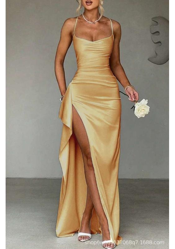 Europäisches und amerikanisches Sommer-Neues elegantes und modisches einfarbiges Trägerkleid mit langem Schlitz, schulterfrei für Damen