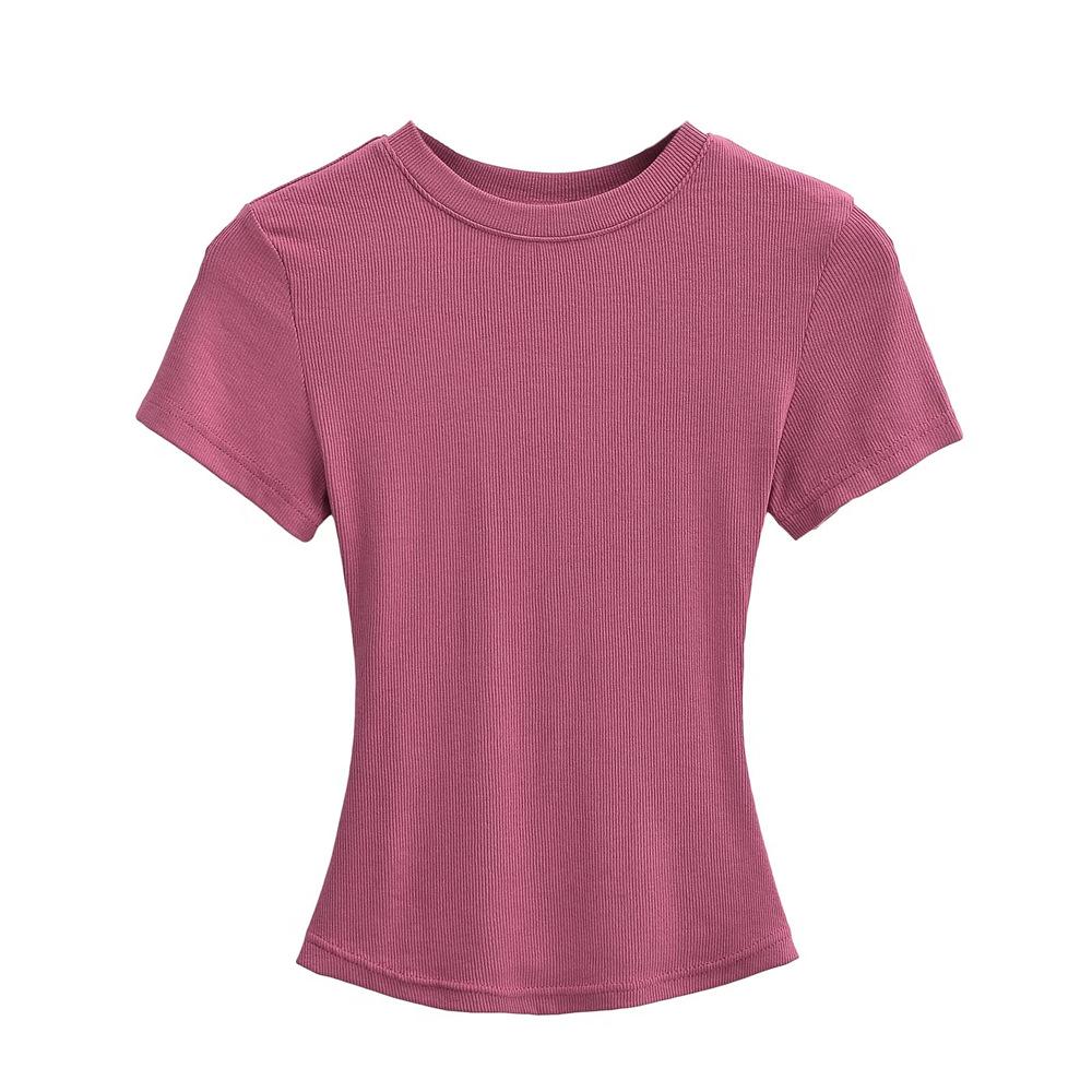 Trendy Women's Ribbed Slim Fit Short Sleeve T-Shirt with Sexy Round Neck and Straight Shoulders.