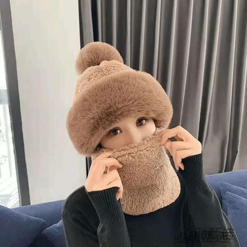 Inverno Protezione Integrata per le Orecchie Cappello Antivento Cappello Baotou Sciarpa Maschera Pompon di Pelliccia Più Velluto Cappello Caldo da Ciclismo per Donna