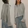 Yousheng Knitted Sweater Women Casual Solid Color O-neck Flared Long Sleeve Pullover Jumper High Low Side Slit Hem Lightweight Knit Tops