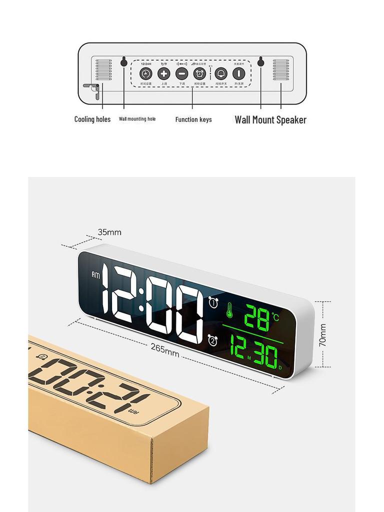 Digitální LED budík s velkým zrcadlovým displejem