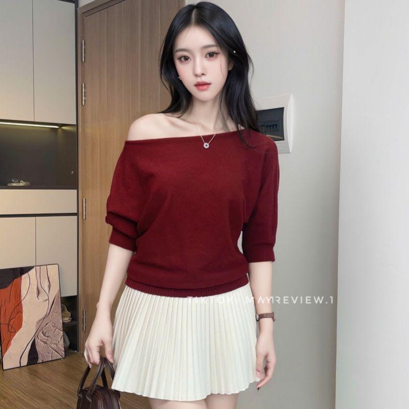 

Женский синий трикотажный топ с открытыми плечами - Приталенный крой, Шикарный, Рукав пять четвертей, Сладкий и пикантный стиль для коллекции Весна/Лето 2025. XXL