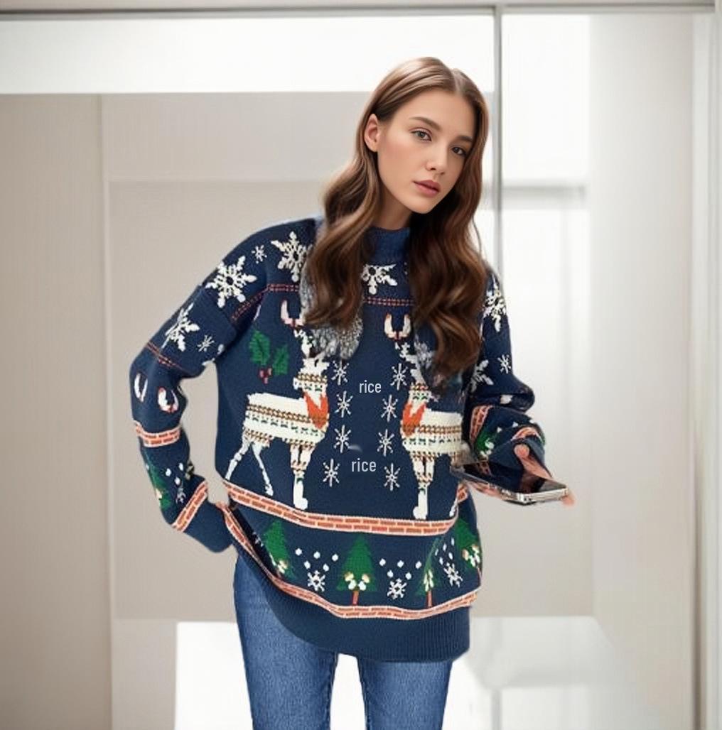

2025 Autumn/Winter Double Reindeer Christmas Knitted Sweater XL темно-синього кольору