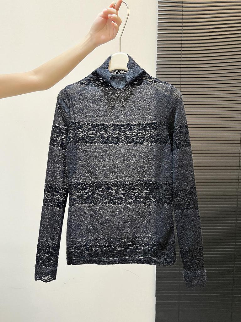 Gradient Lace High-Neck Long Sleeve Top - Chic Autumn/Winter Layering Cover-up