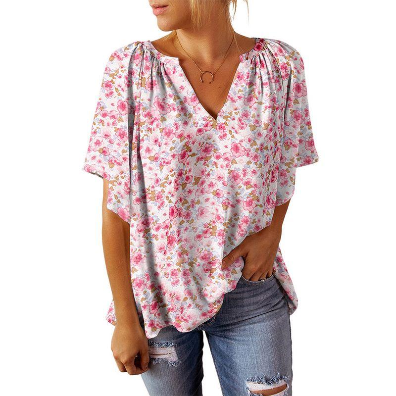 

European and American Cross-Border Export Summer Clothing Women Short sleeve Top Casual Loose Print Half Sleeve T-shirt Plus size Fat M T-shirt Pink S(Bust size 92)