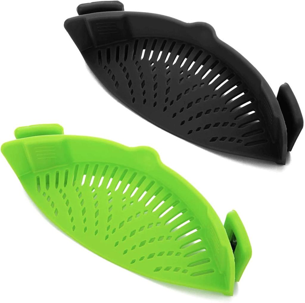 2 Pcs Silicone Clip on Strainer for Pasta Meat Vegetables Fruit, - Fit All Pots and Bowls.