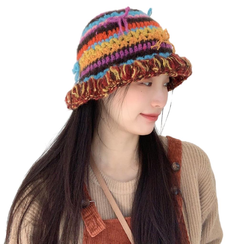 Korean Handcrochet Vintage Rainbow Striped Bucket Hat Women Cute 3D Bowknot Warm Faux Wool Knitted Beanies Fishing Cap