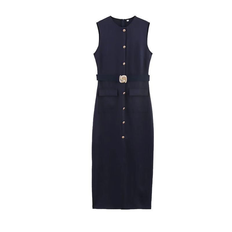

Summer New Product Women s Clothes Gold Inlay with Belt Crepe Sleeveless round Neck Midi Skirt Dress 3897054 Dark blue L