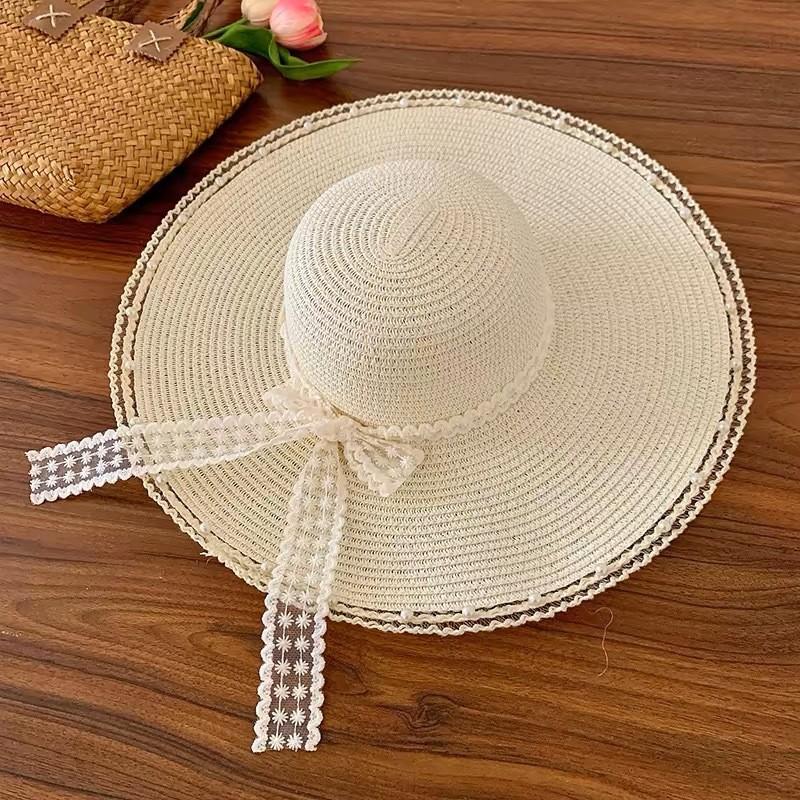 Summer French Big Brim Sun Hat Women's Fashion Ins Seaside Sun Protection Straw Hat Pastoral Pearl Face Small Sun Hat