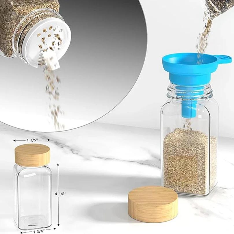 Glass Spice Jars with Bamboo Lid Collapsible Funnel Include with Minimalist Spice Labels Stickers Storage Bottles for Spice Rack