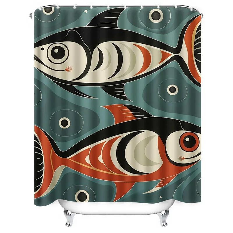 Modern Artistic Colorful Fish Pattern Waterproof Shower Curtain for Stylish Bathroom Decor, Easy Install
