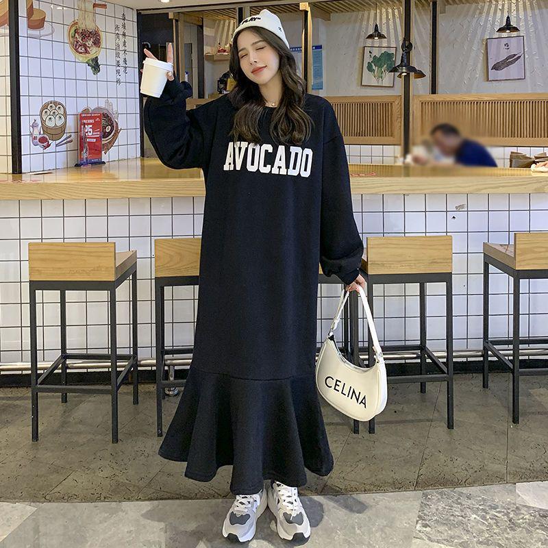 

Plus Size Women s Fleece-Lined Ruffle Dress - Autumn/Winter Slimming Wide Hem with Thickening Knee-Length Skirt L 80-120 jin