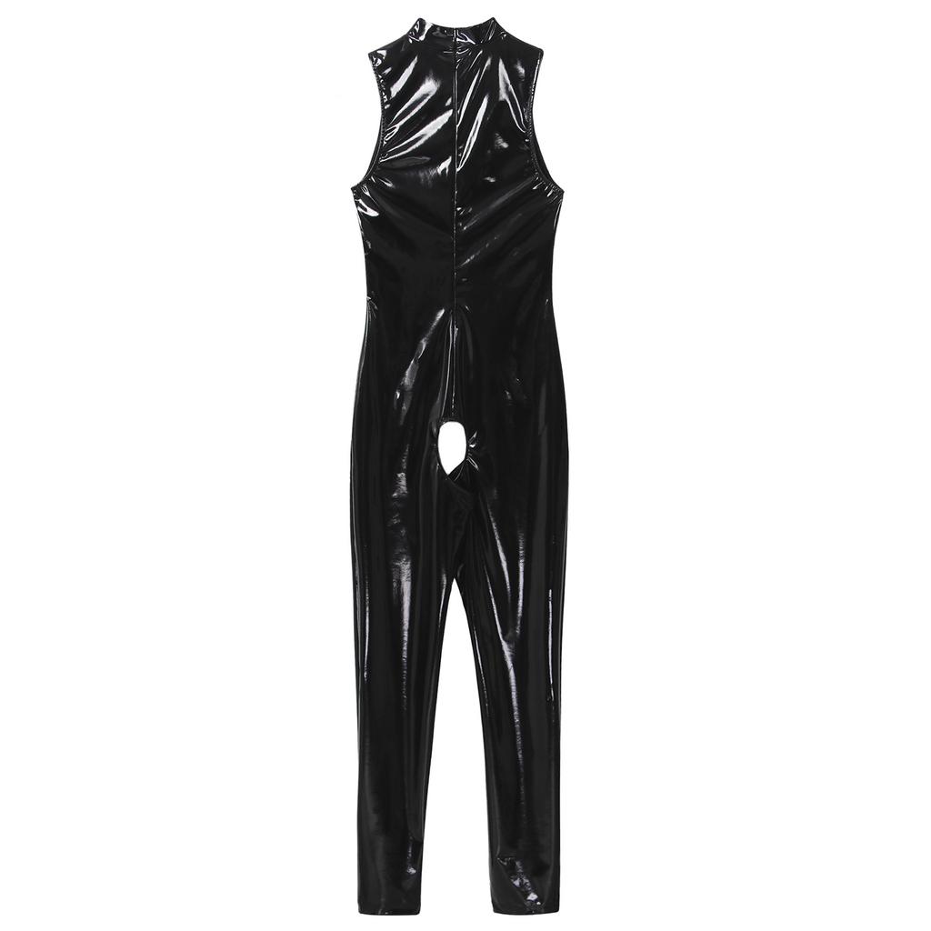 Women's Wetlook Bodysuit Latex Catsuit Leotard Patent Leather Sleeveless Bodycon Jumpsuit Sexy Lingerie Clubwear