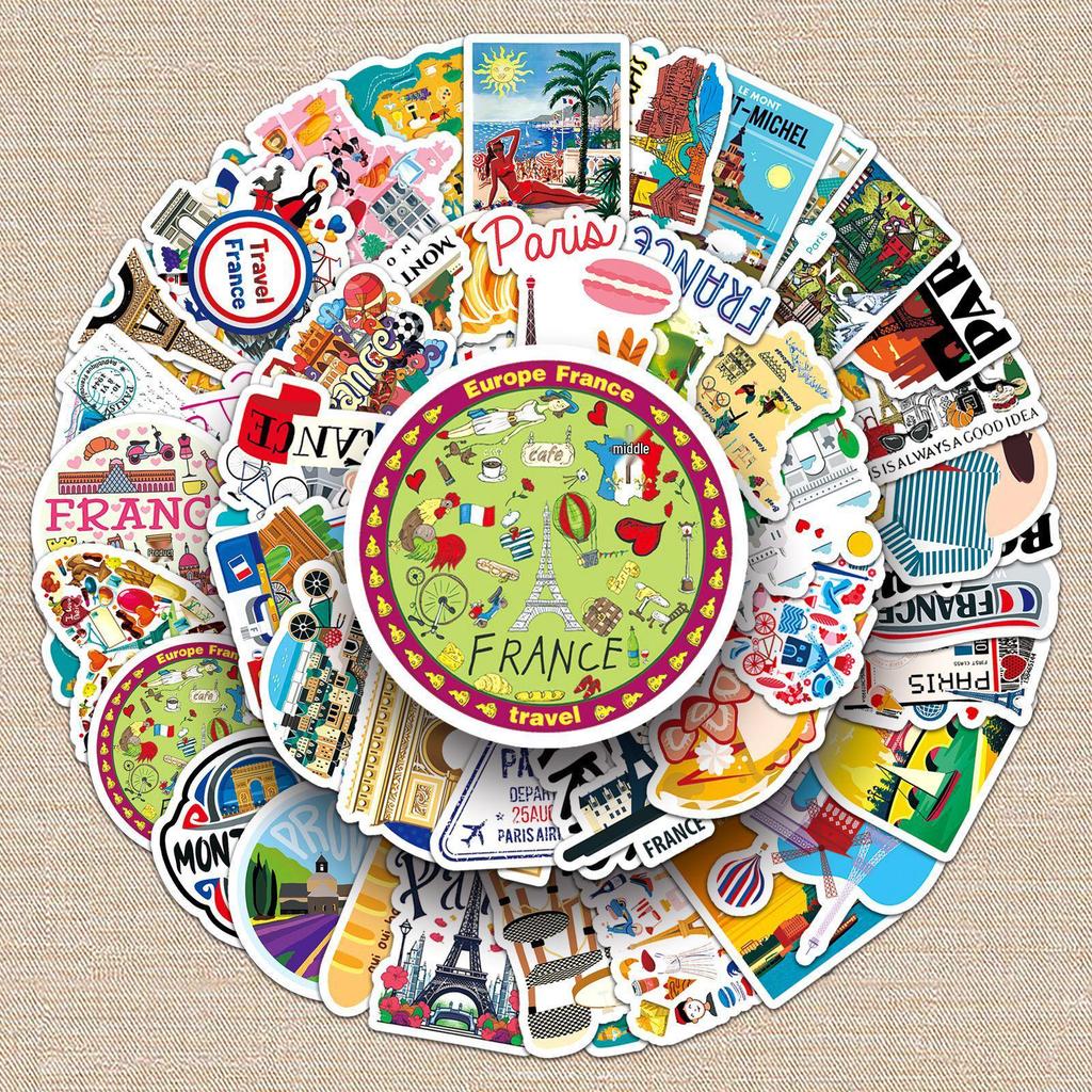 Creative French Cartoon Travel Stickers - 50 Decorative Sheets for Luggage & Scenery