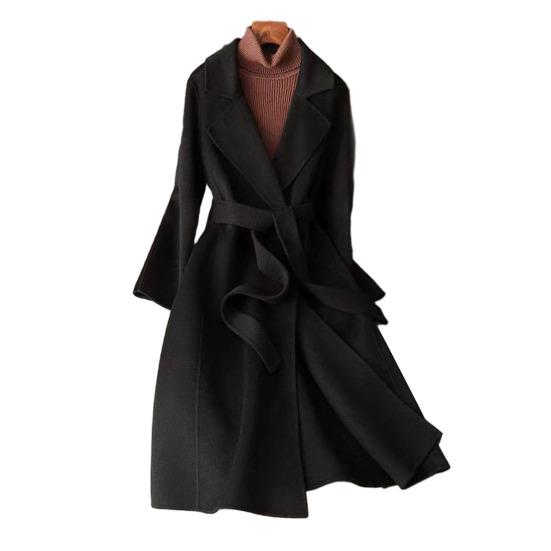 Damski Długi Wełniany Płaszcz Dwurzędowy Klapy z Wycięciem Otwarty Przód Płaszcz Trenczowy Slim Fit Jesień Zima Ciepły Płaszcz Wierzchni z Paskiem