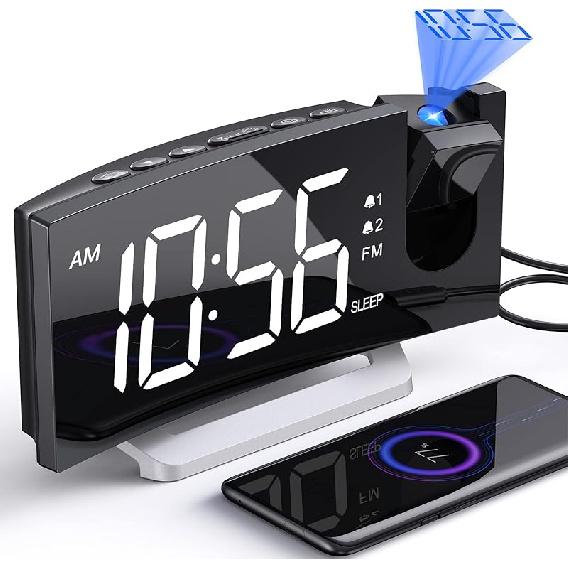 Projection Alarm Clock with FM Radio, USB Charging Port, 0-100% Dimmer, Dual Alarms, HD LED Display, 30 Preset Stations, Sleep Timer, 5 Alarm Sounds,