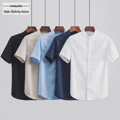 Men's Short Sleeve White Linen-Cotton Lapel Shirt - Lightweight & Casual