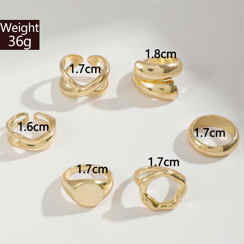 6Pcs/set Gold Color Geometric Chunky Open Rings Set for Women Exaggerated Metal Smooth Adjustable Finger Ring Jewelry Gifts New