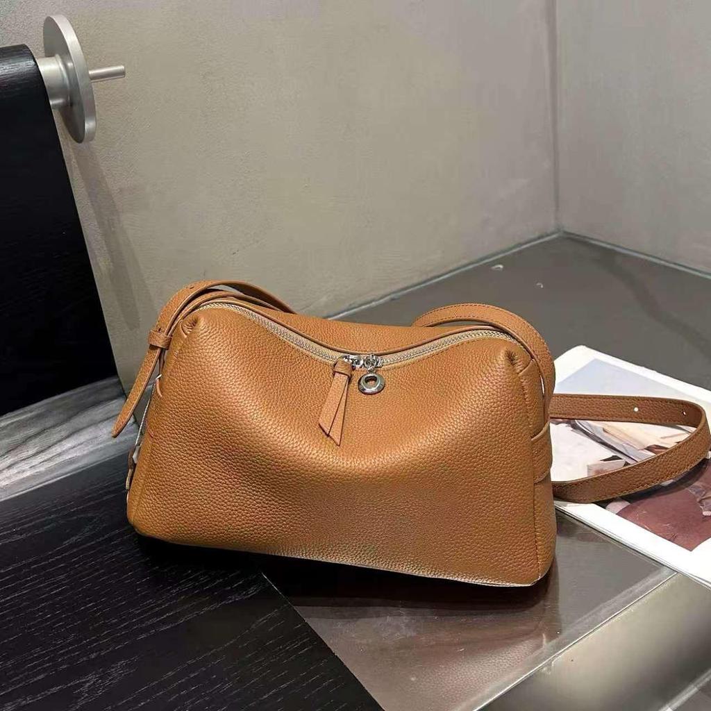 French Minimalist Lychee Grain Cowhide Crossbody Bag - Large Capacity with Adjustable Wide Shoulder Strap for Women