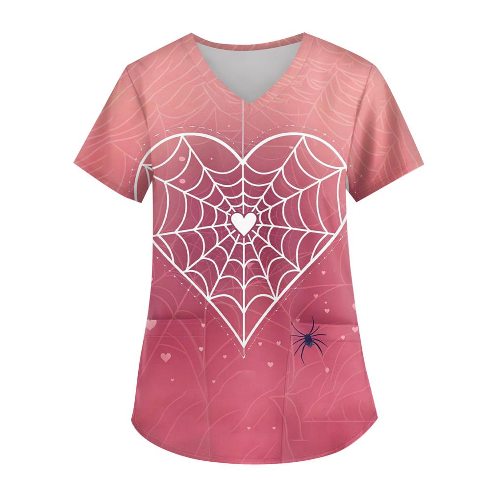 Ladies' Valentine's Day Printed Fashionable V-neck Pocket Short Sleeved  Uniform And Caregiver Top