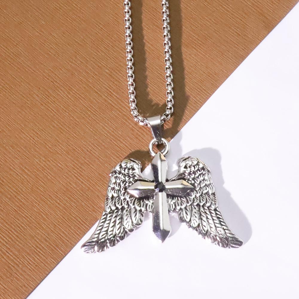 Men's Punk Retro Double Wing Cross Pendant Necklace in Stainless Steel