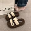 Roll thick-soled fluffy slippers outer wear 2025 autumn and winter new belt buckle bow home plush cotton slippers
