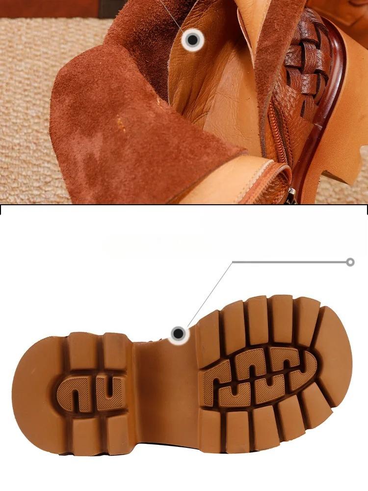 Johnature Retro Genuine Leather Woven Short Boots Lace-up Thick Bottom And Thick Heel Women's Boots