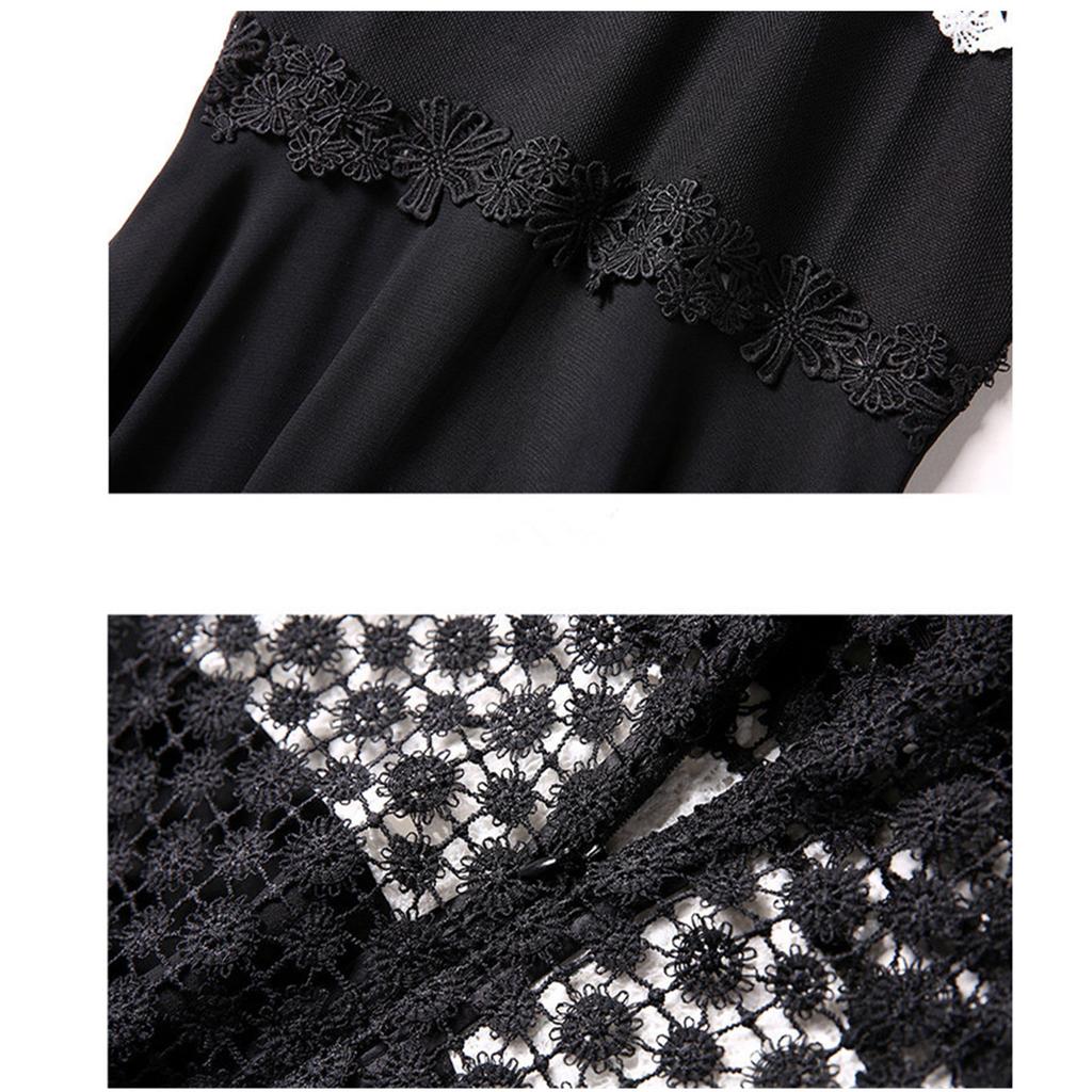 Summer New Arrival Black White Lace Chiffon Patchwork Slim-Fit Long Dress for Women Fashionable Short Sleeve Pleated Midi Dress