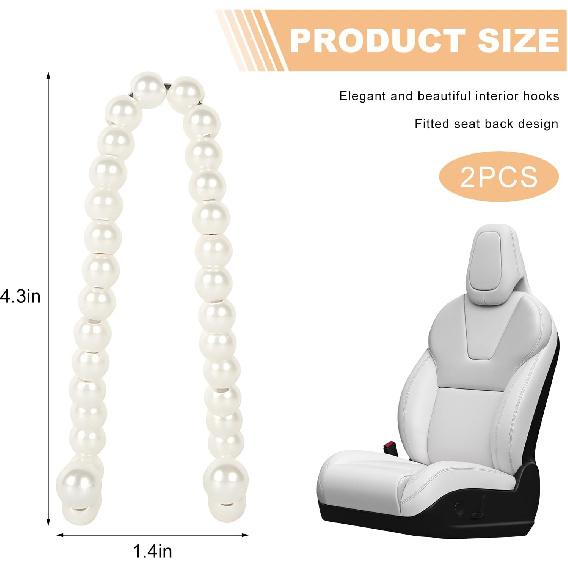 2PCS Elegant Pearl Car Seat Headrest Hook, Cute Pearl Car Seat Back Hook Storage Organizer, Exquisite Headrest Hanger Purse Holder Interior