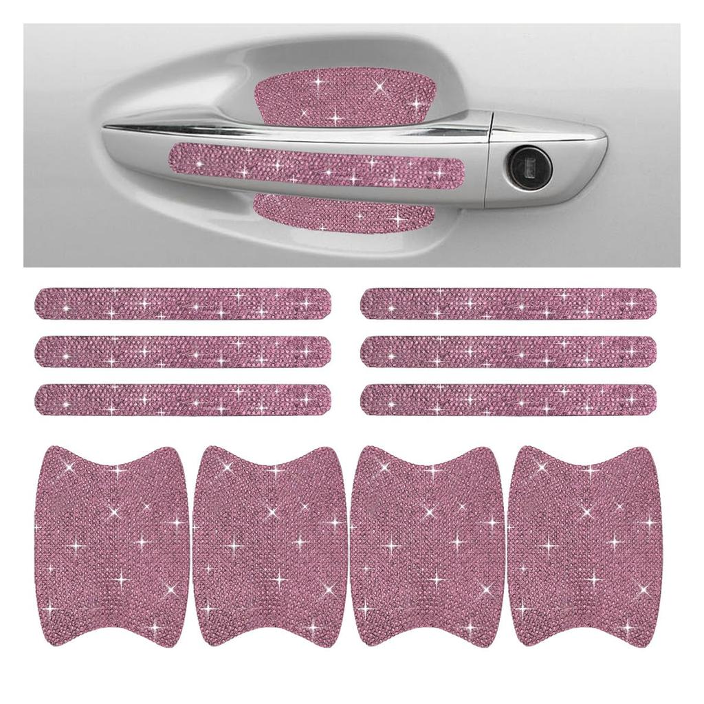 Bling Car Door Handle Protector - Scratch Resistant Sticker, Universal Protective Cover, Shiny Rhinestone Car Decoration Accessories for Women (Pink)