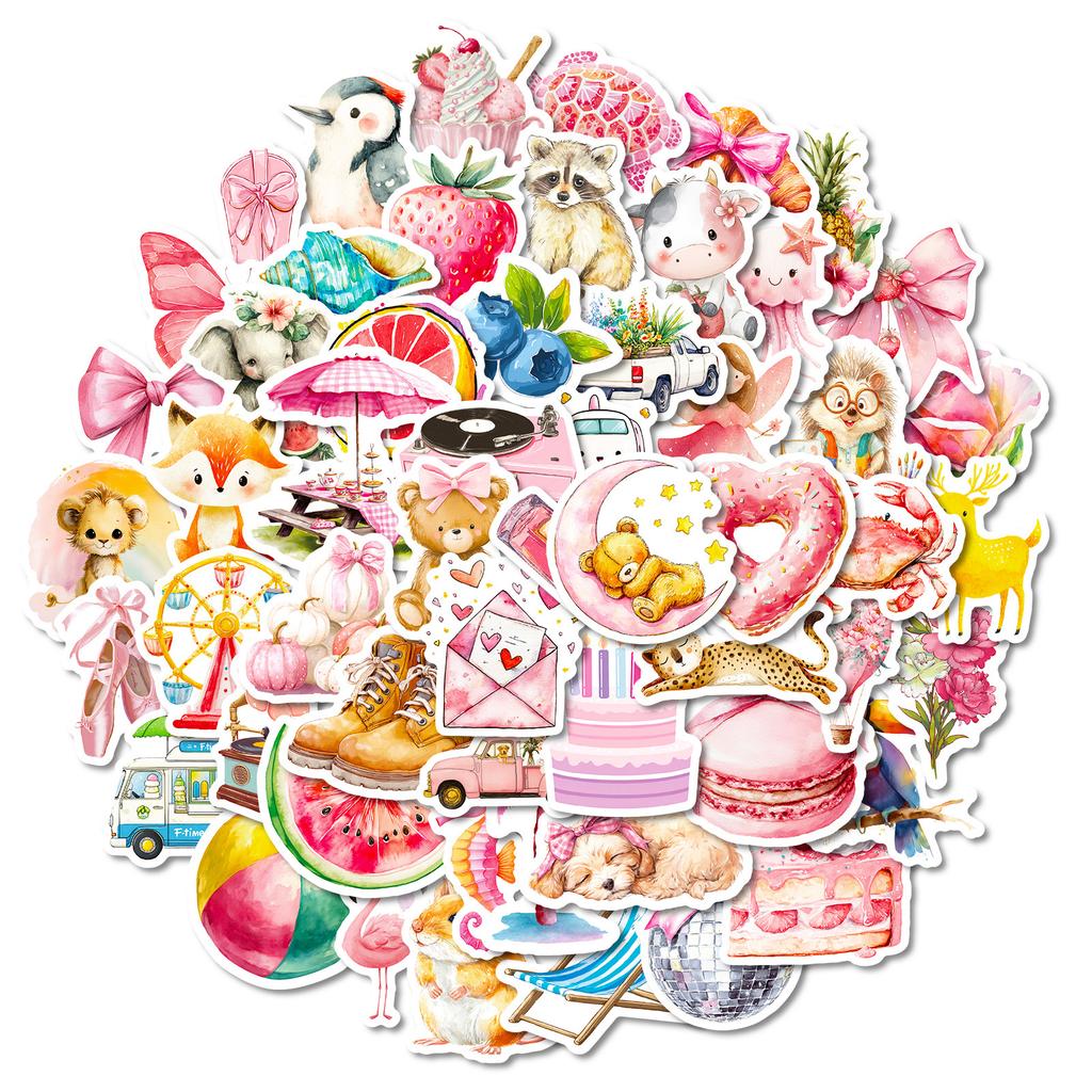 56 Hand-Painted Pink Items, Animal Mix And Match Stickers, High-Value Cute Cartoon Hand Account Decorative Stickers