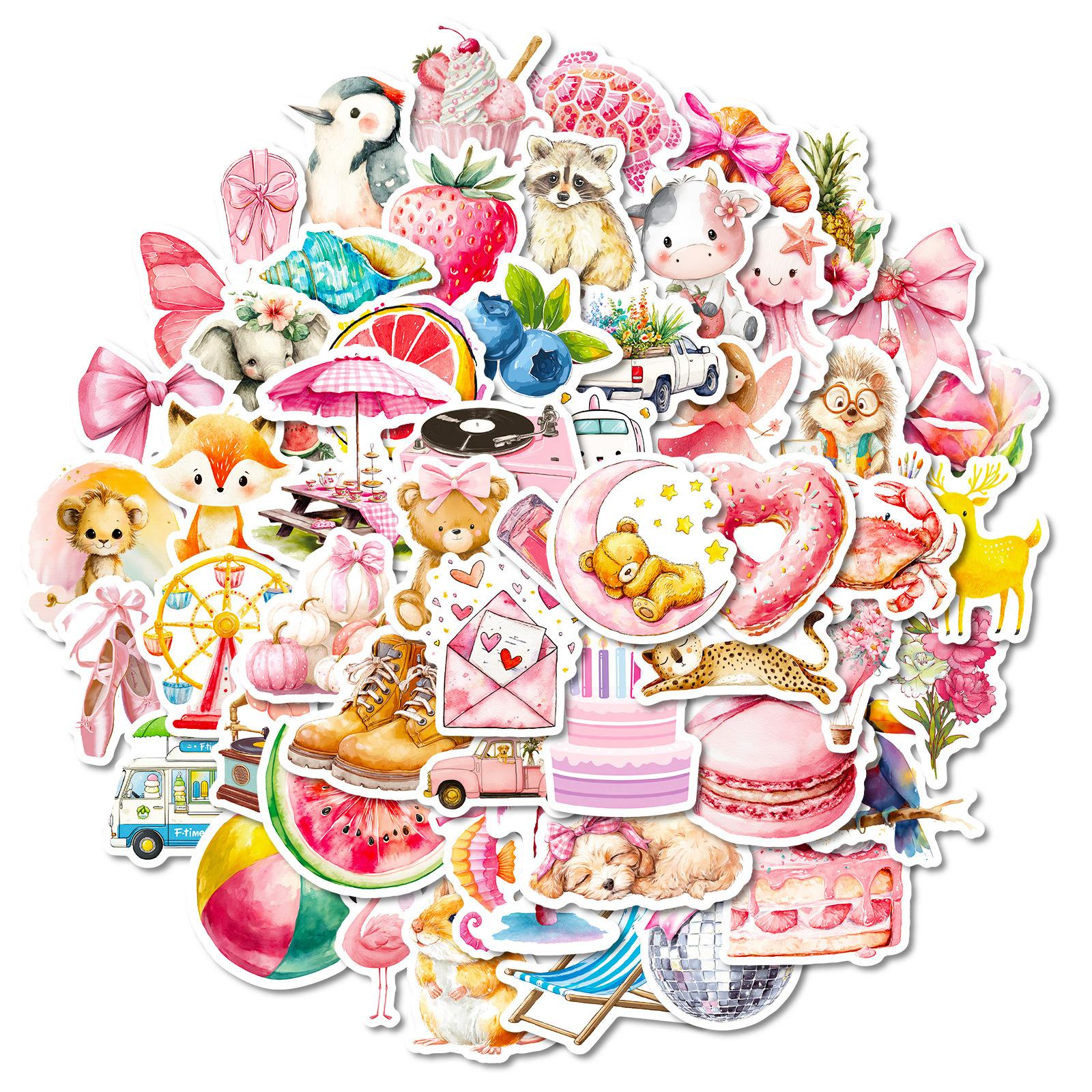 

56 Hand-Painted Pink Items, Animal Mix And Match Stickers, High-Value Cute Cartoon Hand Account Decorative Stickers