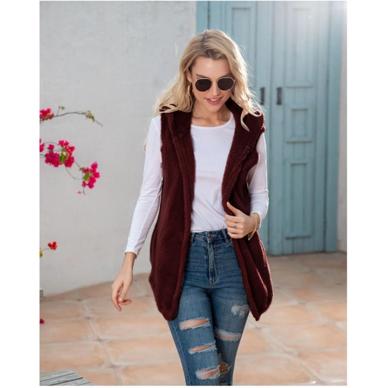 Gilet con cappuccio in peluche tinta unita di media lunghezza da donna per autunno e inverno, giacca casual comoda e ampia per la primavera